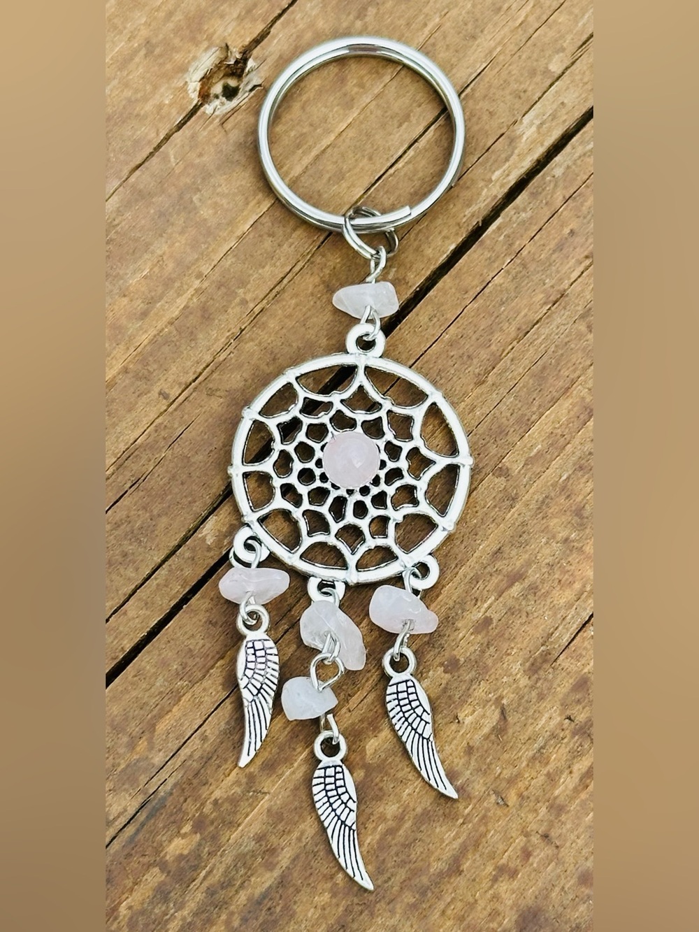 NEW Rose Quartz Silver Dream Catcher Keychain